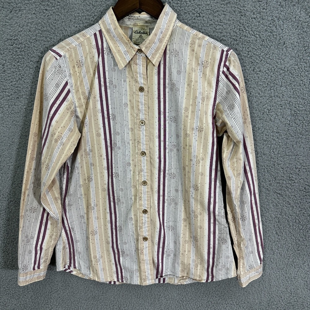 Cabela's Button Up Shirt Womens Medium Colorful Floral Striped Cottage Western